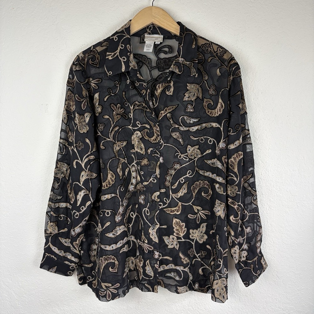 Coldwater Creek 2x Shirt Velvet Y2k Fairy Grunge Goth Button Long Sleeve Floral